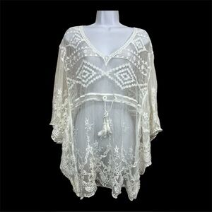 Women Sheer‎ Lace Mesh Cover Up Top S/M White Embroidered Boho Ethereal Fairy